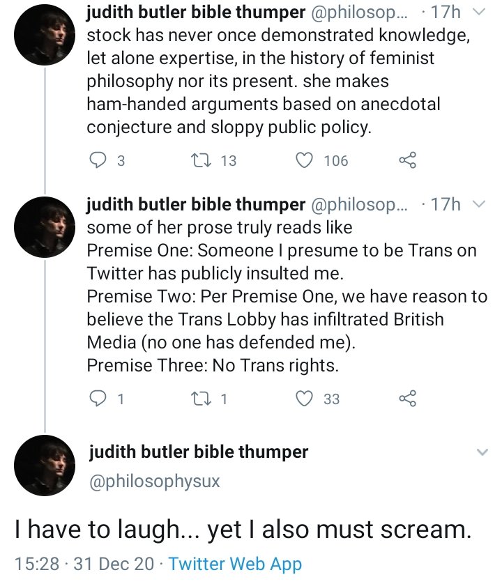 These are academics reacting to the news that a fellow academic has been awarded an OBE for services to higher education - but she doesn't play the 'men literally become women and should be given access to women's spaces if they say they are women' game