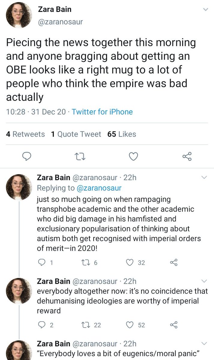 These are academics reacting to the news that a fellow academic has been awarded an OBE for services to higher education - but she doesn't play the 'men literally become women and should be given access to women's spaces if they say they are women' game