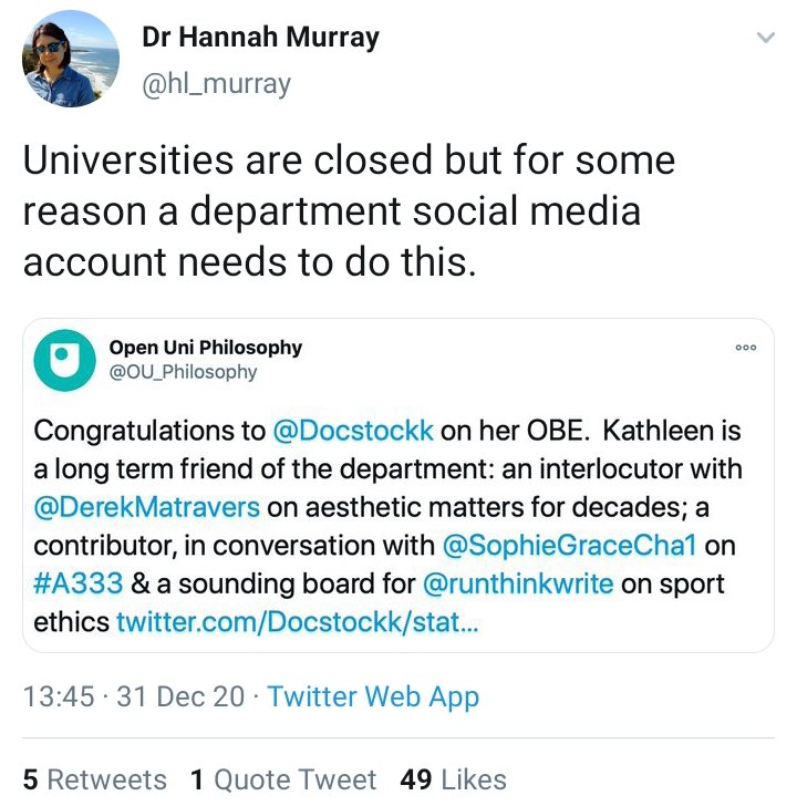 These are academics reacting to the news that a fellow academic has been awarded an OBE for services to higher education - but she doesn't play the 'men literally become women and should be given access to women's spaces if they say they are women' game