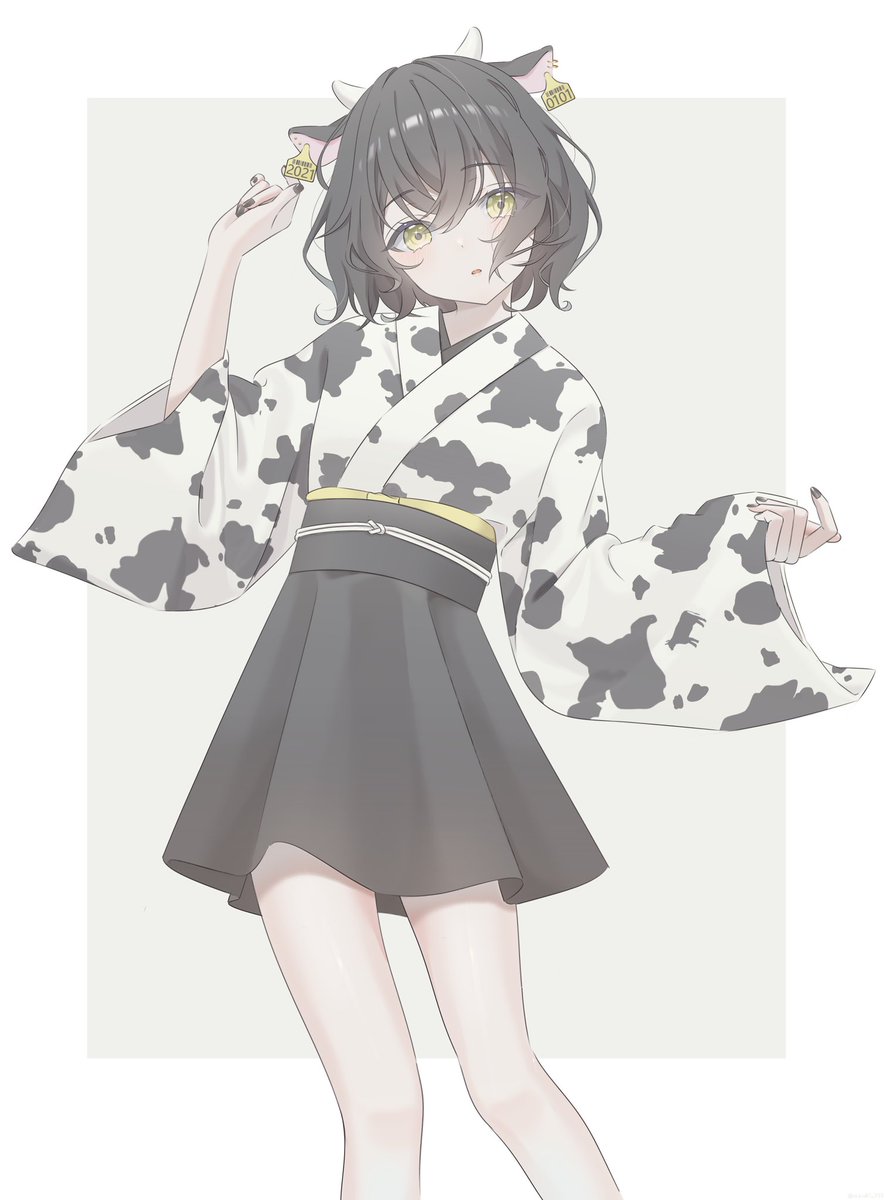 1girl solo cow ears cow print animal ears japanese clothes animal print  illustration images