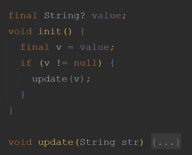 Small 2021 recommendation for #dart null safety - try to avoid using ❗ (first image).
Until the analyzer gets smarter, you could use a local variable (second image).
