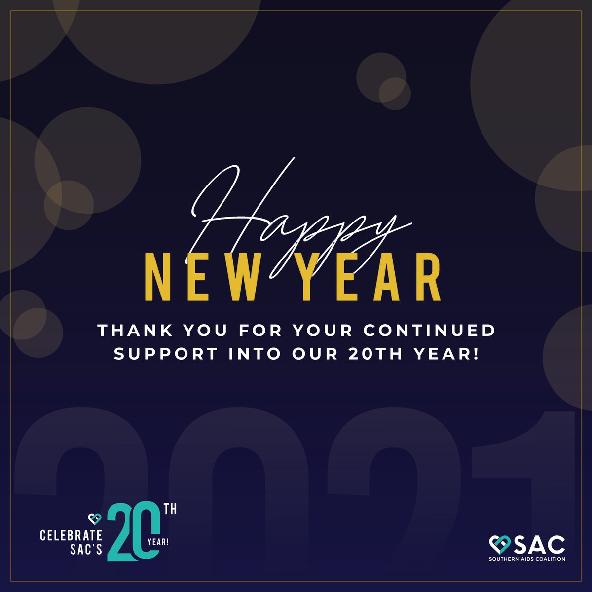 SouthernAIDSCo's tweet photo. Happy New Year! With hope, we will continue the work of ending the HIV epidemic in the South &amp; hope you all will continue to fight with us. Cheers to 2021 🥳
#HIVInTheSouth #SAC20 #HappyNewYear https://t.co/BVdjhgjddo