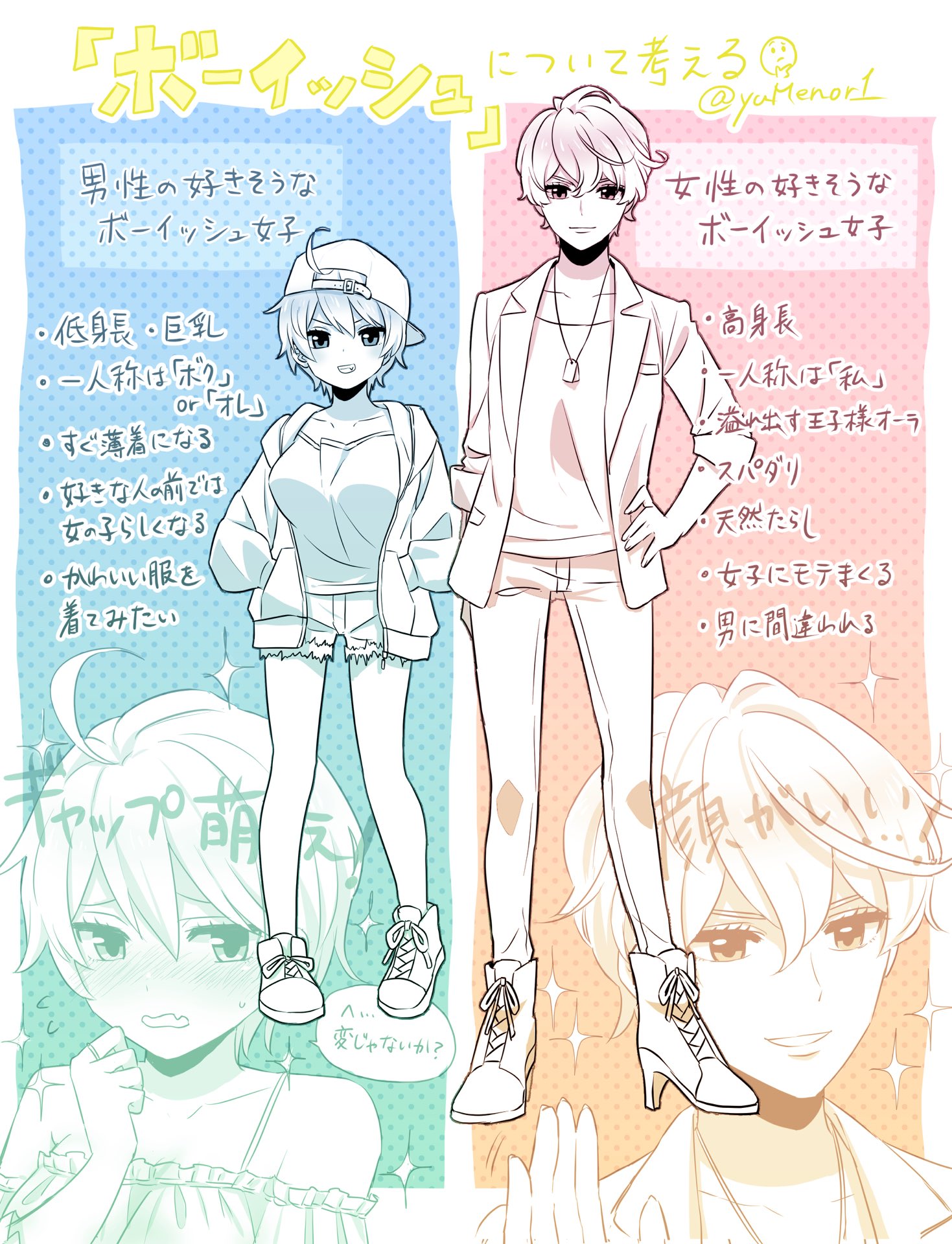 夢乃ハルカ イラストレーター 男性の好きなボーイッシュと女性の好きなボーイッシュって求められるものがかなりちがうのでは と思ったのでイメージを描いてみました 個人の独断と偏見なので異論は認めます T Co 841gsilzob Twitter 夢乃ハルカ イラストレーター 男性の好きなボーイッシュと女性の好きなボーイッシュって求められるものがかなりちがうのでは と思ったのでイメージを描いてみました 個人の独断と偏見なので異論は認めます T Co 841gsilzob Twitter