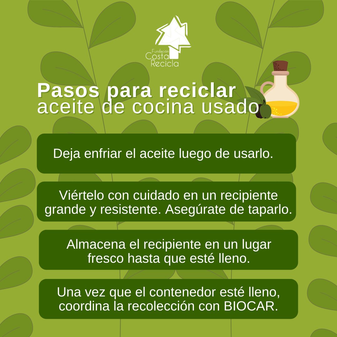 Costa Recicla on X: Tu aceite de cocina usado no es basura ♻️ puedes  reciclarlo. BIOCAR por medio de su labor realiza recolección de aceite de cocina  usado @biocarpa. Para coordinar tu