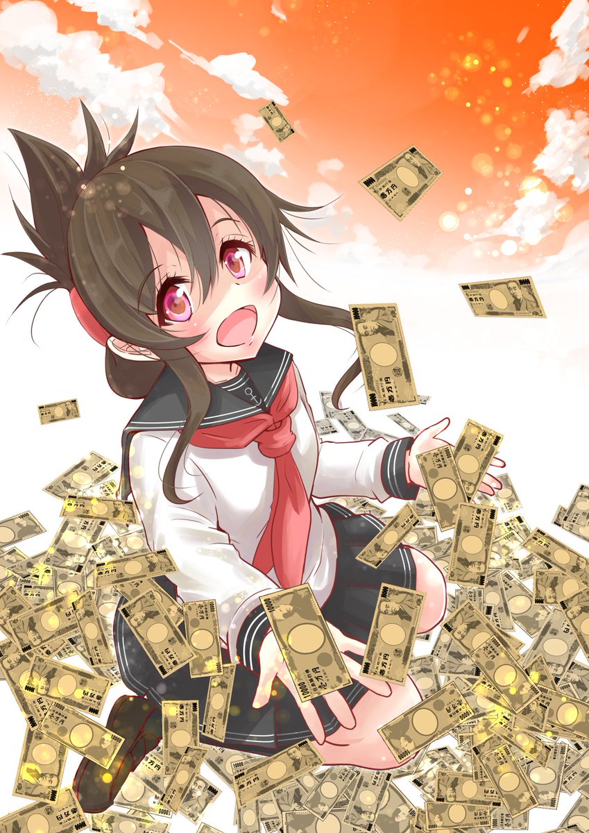 inazuma (kancolle) 1girl folded ponytail solo school uniform serafuku money brown hair  illustration images