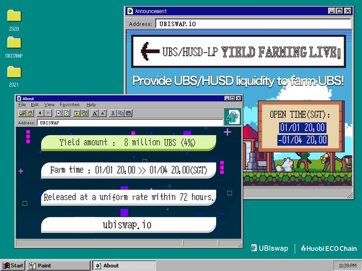 ubiswap.io Yield farming open from 20:00 01/01 -20:00 04/01. 

Users provide liquidity for UBS/HUSD pair will receive $UBS in addition to tax. 

Farm amount: 8 million UBS. 

Users have provided liquidity can directly receive UBS without operation. @HuobiECOChain