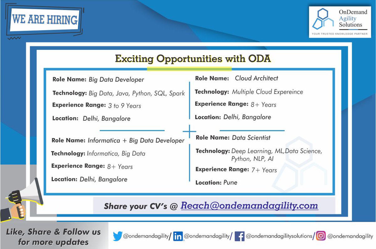ondemandagility's tweet photo. To Apply 📧 - Reach@ondemandagility.com
*Subject – Location :: Role :: Experience
*Candidate must be available in Location or willing to relocate.
#ODA #BigData #DelhiJobs #Infomatica #ML #SQL #Spark #PuneJobs #CloudArchitect #BangaloreJobs #AI #Python https://t.co/Ekly4Xk3yv