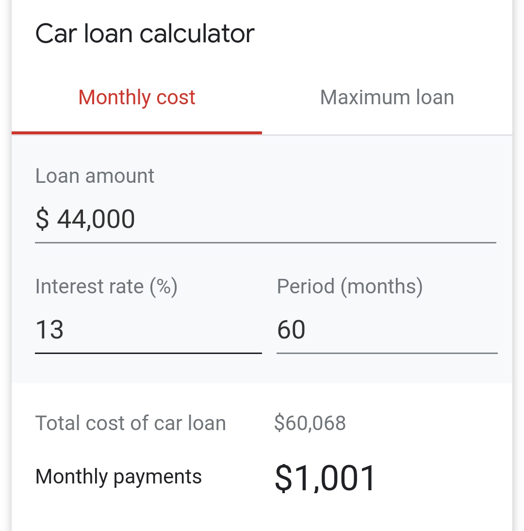 Now let me show you what you're in for. Let's say you have great credit and get a 3% interest rate, fair credit and get a 7% interest rate or poor credit and get a 13% interest rate. The below photos show what amount you're financing at each credit level over 60 months.