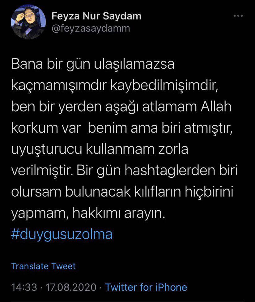 muhendisyenn's tweet photo. Gaziantep’te yaşayan 17 yaşındaki #FeyzaNurSaydam’ın dün 7. kattan düştüğü belirtildi
Feyza hayatını kaybetti.

Feyza’nın #DuyguDelen in ölümünden sonra“Ben bir yerden aşağı atlamam ama biri atmıştır” tweetini atmıştı

#FeyzaNurSaydamın şüpheli ölümü aydınlatılsın

#feyzayaneoldu https://t.co/IGotIMau8n
