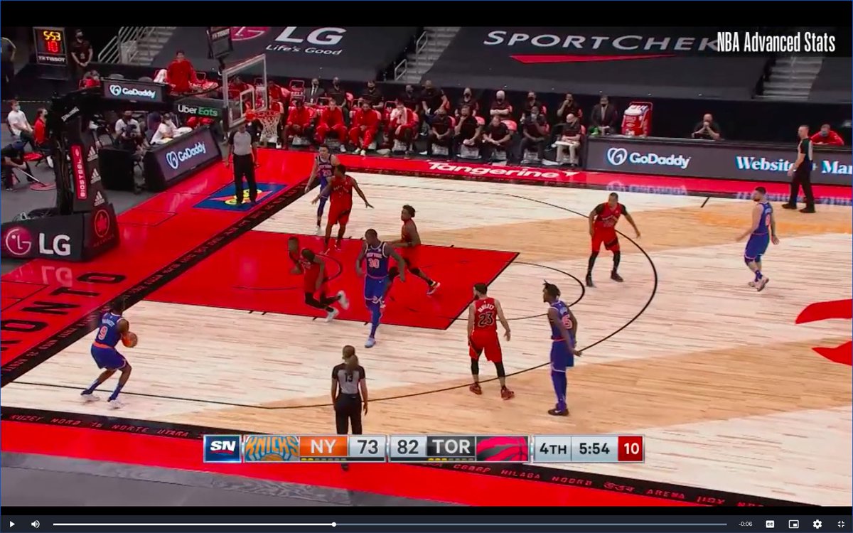 14) Randle gets to the belly of the zone, kick to RJ in the corner for a great shot.