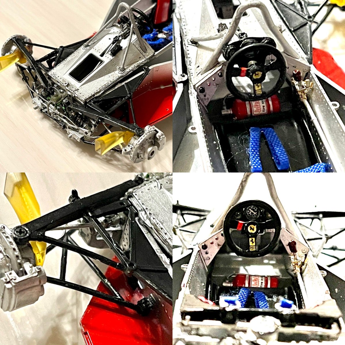 tomoparu's tweet photo. #modelfactoryhiro
#ferrari312t2
#FRONTSUSPENSION
#COCPIT

フロントサスペンションを完成させて、メーター、ロールバーを組んでコックピットを完成させ、エンジンとコックピットを合体させました。メーターのカバーガラスはポンチでクリア樹脂を打ち抜いて被せました。 https://t.co/0oq3fVTJzX