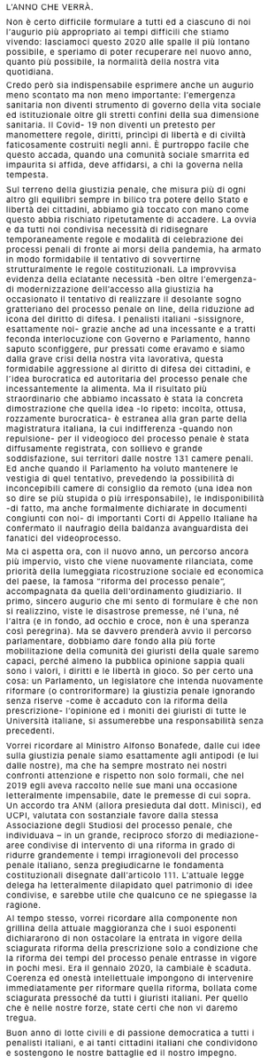 Buon anno di lotte civili e di passione democratica a tutti i penalisti italiani, e ai tanti cittadini italiani che condividono e sostengono le nostre battaglie ed il nostro impegno.  

➡️ bit.ly/3rJpvaX

#Buon2021 #BuonAnno2021 #BuonAnnoNuovo #Giustizia