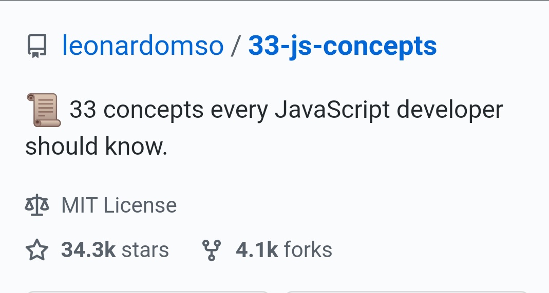 I find a fantastic GitHub repository called: 33-js-concepts

It was created with the intention of helping developers master their concepts in JavaScript.

🚀 Considered by GitHub as one of the top open-source projects of 2018! 

Link - github.​com/leonardomso/33-js-concepts