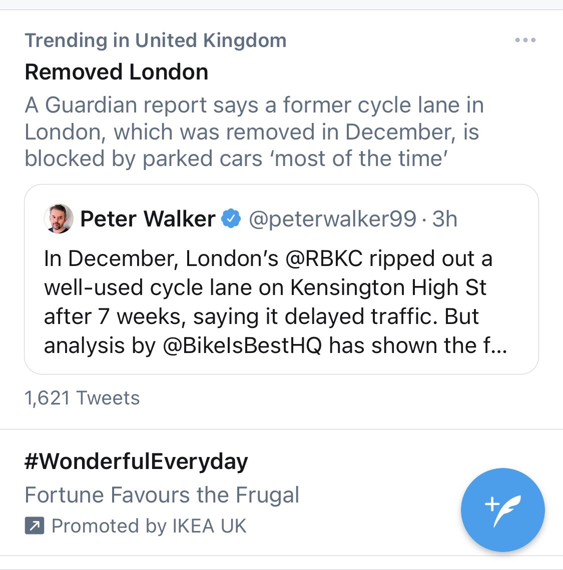 adamtranter's tweet image. Why am I so interested in one cycle lane? Because what’s happened in Kensington is a loss for London’s entire transport system. It’s also a metaphor for how active travel may be treated up and down the country.

It turns out a lot of other people are interested too.