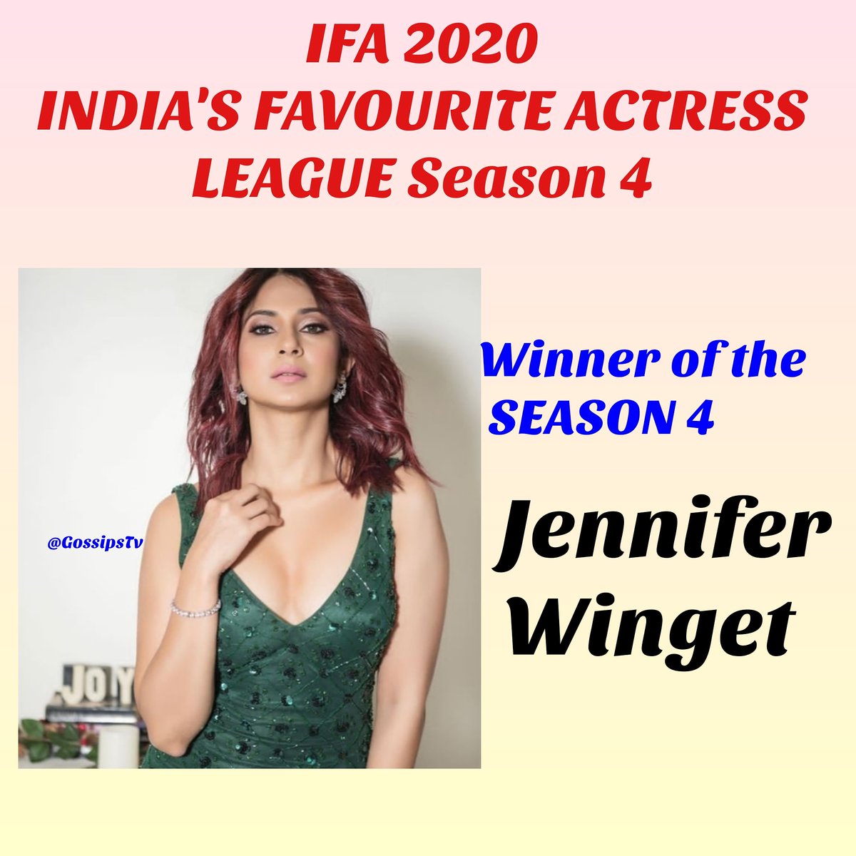 GossipsTv's tweet photo. #IFA2020
INDIA'S FAVOURITE ACTRESS LEAGUE
SEASON 4
RESULTS

WINNER OF SEASON 4..
#JenniferWinget..

CONGRATULATIONS 🎉 🎉

@GossipsTv  #3YrsOfGtv
@jenwinget https://t.co/ItNZCGTjDi