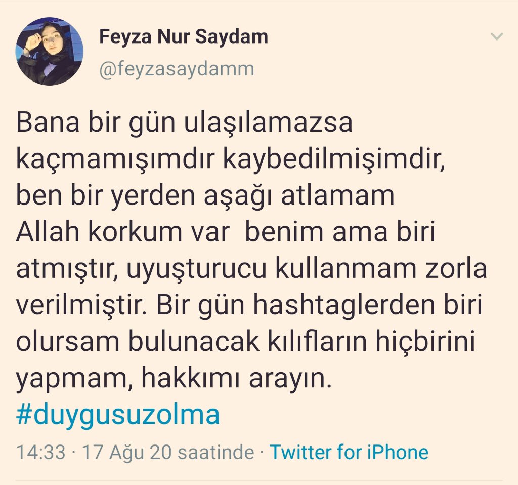 yildirimkaya40's tweet photo. 2021'in ilk günü yüreğimiz Feyza Nur Saydam için sızladı. 17 Ağustos 2020'de , "Ben bir yerden atlamam Allah korkum var benim ama biri atmıştır,..." twitini atmış. #feyzayaneoldu
@adalet_bakanlik @abdulhamitgul
@EmniyetGM @gazianteppolis https://t.co/voj9ksIbjs