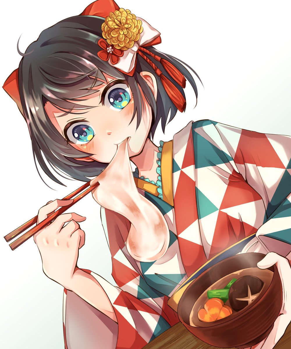 oozora subaru 1girl swept bangs solo tassel hair ornament short hair chopsticks eating  illustration images