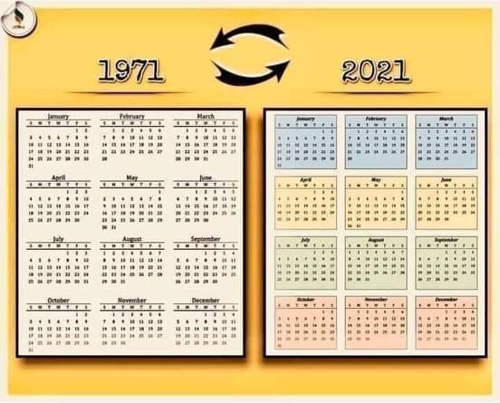 Aqsa Younas Rana on X: "History is repeating itself. The Calendar of 1971  and 2021 is exactly the same. Repeatation after 50 years. #2021calendar # 1971 https://t.co/YRWK91lLzj" / X