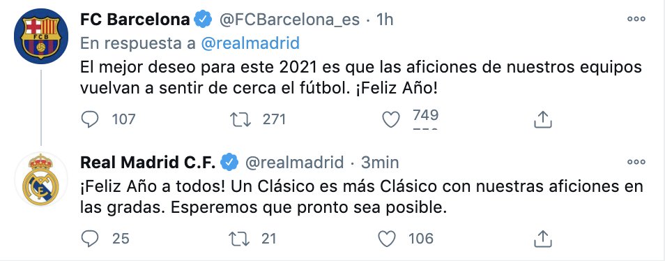⚪🟣 "Un CLÁSICO es más CLÁSICO con nuestras AFICIONES" 🔴🔵 

📲 El <a href="/realmadrid/">Real Madrid C.F.</a> también FELICITA al <a href="/FCBarcelona_es/">FC Barcelona</a> el nuevo AÑO 2021. #LaLigaSantander