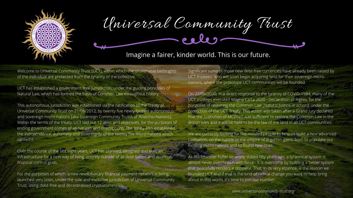 Universal_CT's tweet photo. Welcome to Universal Community Trust [UCT], within which the unalienable birthrights of the individual are protected from the tyranny of the collective.

UCT has established a government-free jurisdiction, under the guiding principles of Natural Law. https://t.co/sbwl6FlfSq