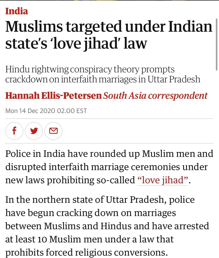 Indian states enacted a Law in the name of “Love Jihad” to harass and arrest muslims, while union home ministry in parliament clearly denied of such thing happening