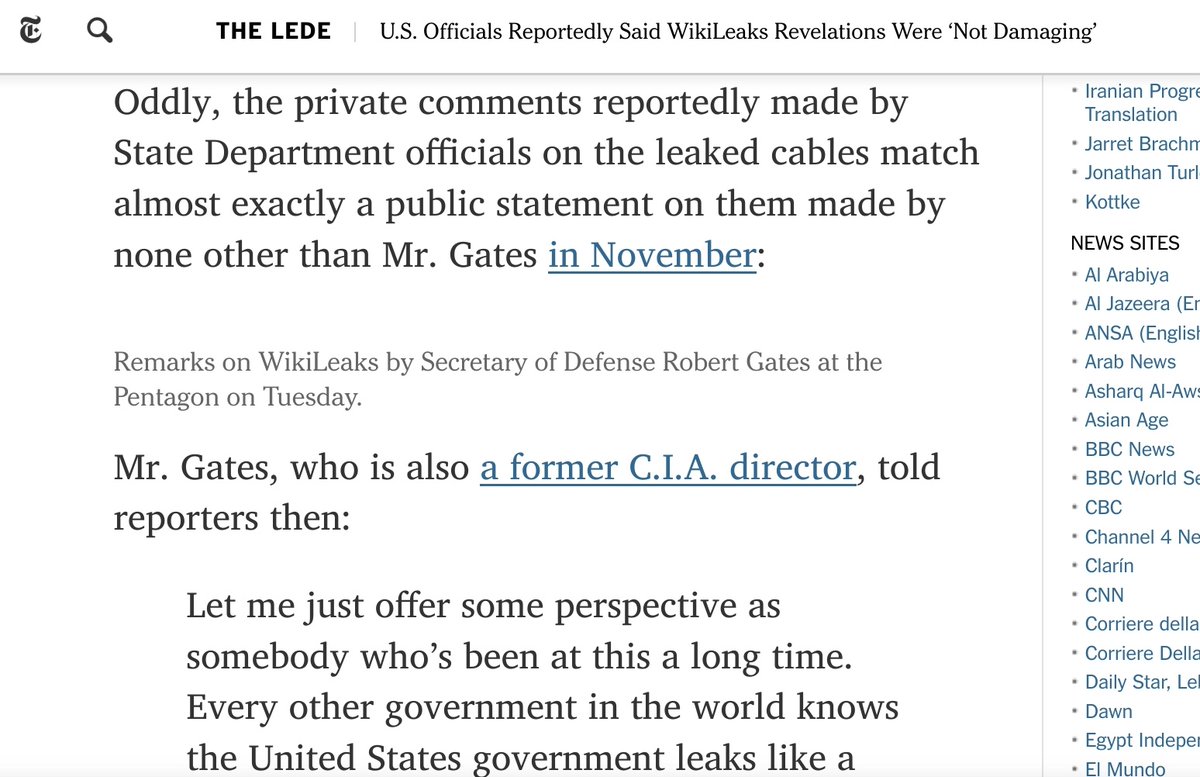 The  @nytimes in January 2011 cites further statements by officials in its lede originally titled 'WikiLeaks: No Harm, No Foul' later re-titled: 'US Officials Reportedly said WikiLeaks Revelations Were 'Not Damaging' #AssangeCase  #Assangebackgrounder https://thelede.blogs.nytimes.com/2011/01/19/u-s-officials-reportedly-said-wikileaks-revelations-were-not-damaging/