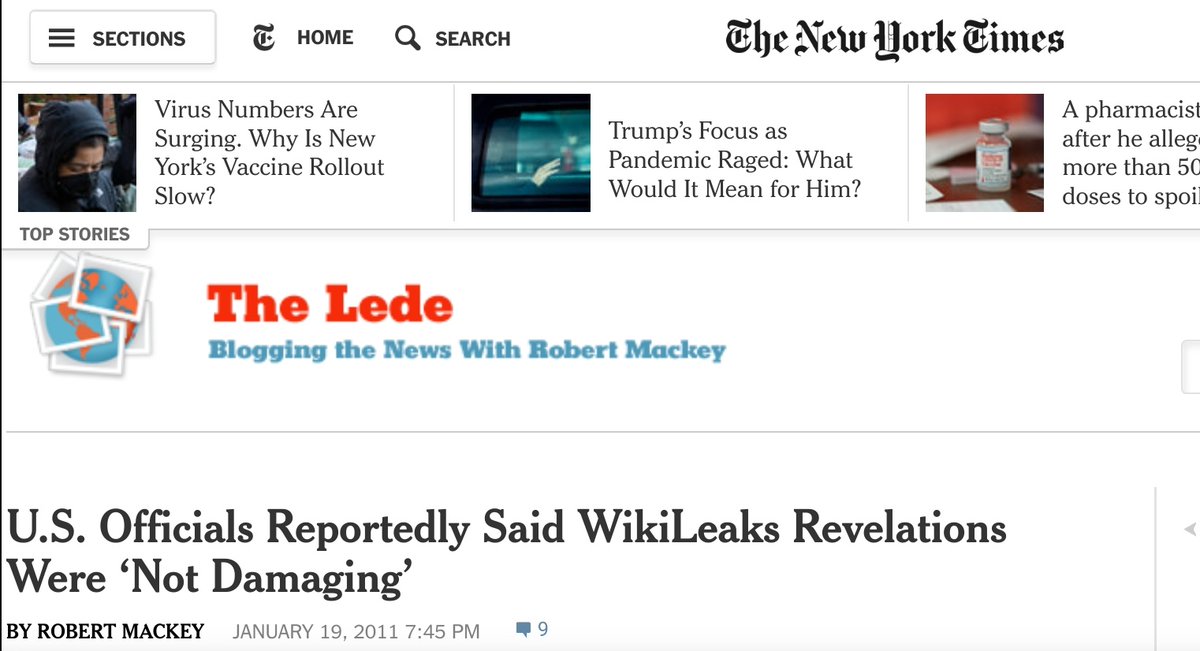 The  @nytimes in January 2011 cites further statements by officials in its lede originally titled 'WikiLeaks: No Harm, No Foul' later re-titled: 'US Officials Reportedly said WikiLeaks Revelations Were 'Not Damaging' #AssangeCase  #Assangebackgrounder https://thelede.blogs.nytimes.com/2011/01/19/u-s-officials-reportedly-said-wikileaks-revelations-were-not-damaging/