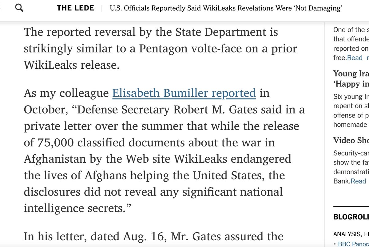 The  @nytimes in January 2011 cites further statements by officials in its lede originally titled 'WikiLeaks: No Harm, No Foul' later re-titled: 'US Officials Reportedly said WikiLeaks Revelations Were 'Not Damaging' #AssangeCase  #Assangebackgrounder https://thelede.blogs.nytimes.com/2011/01/19/u-s-officials-reportedly-said-wikileaks-revelations-were-not-damaging/