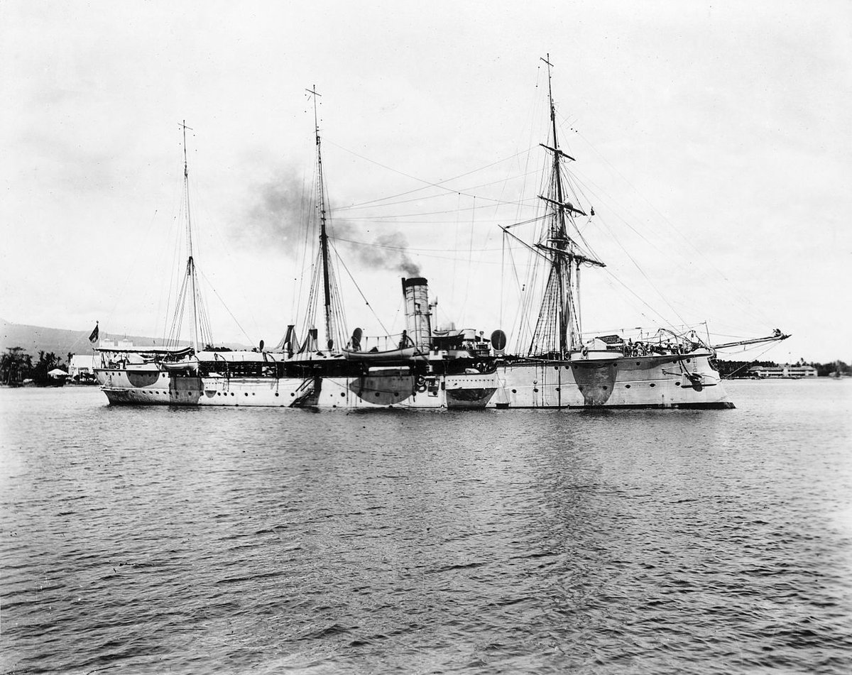 The New Zealanders sailed from Auckland and met with Patey's force on 22nd August having had an uneventful journey. They coaled in Suva on the 25th and arrived off Apia (seen below with SMS Falke in harbour before the war) on 29th August