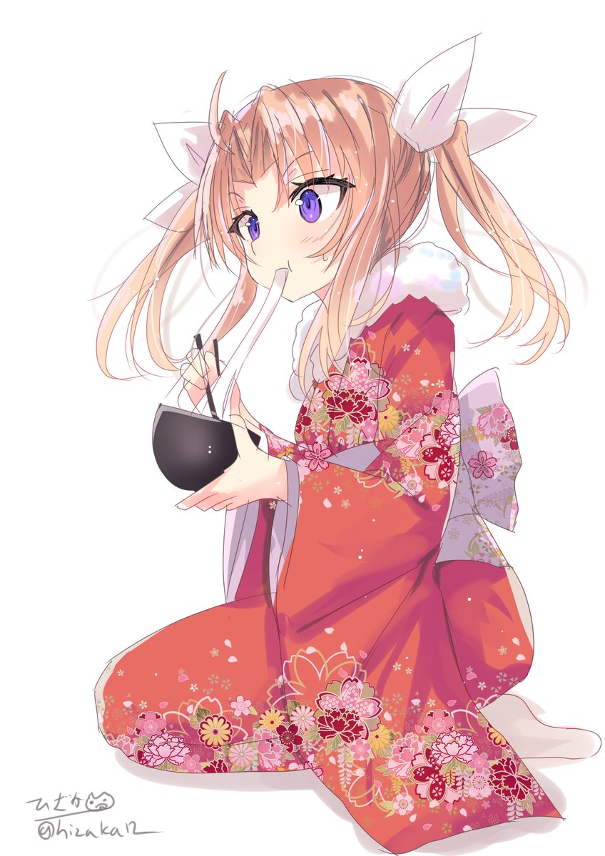 kagerou (kancolle) 1girl japanese clothes kimono solo twintails purple eyes white background  illustration images