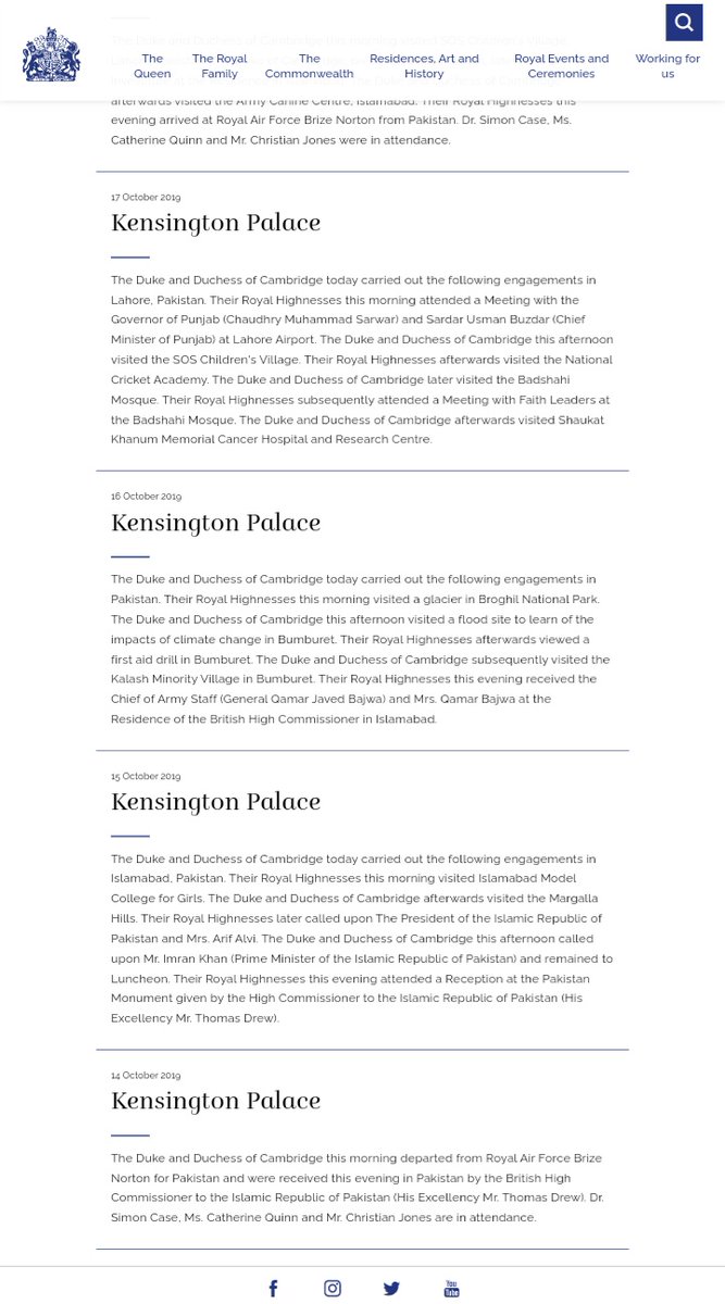 I'll explain with an example. In 2019, Kate worked exclusively in Pakistan outside of the UK, and had a total of 16 engagements on official overseas tours that year.Below is the Royal Family's 2019 Engagement Count and the records of Royal Visit Pakistan in the court circular