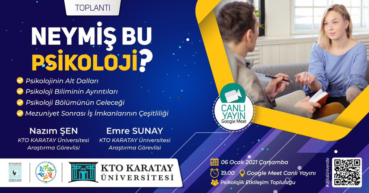 Bölüm akademisyenlerimizden Arş. Gör. Nazım Şen ve Arş.Gör. Emre Sunay, 06.01.2021 Çarşamba günü saat 19.00’ da “Psiet”tarafından düzenlenen “Neymiş Bu Psikoloji” adlı etkinliğe konuk olacaklar.Katılım için “Psiet” sayfasında bioda bulunan linkten kayıt olabilirsiniz. <a href="/bayramsade/">Bayram Sade</a>