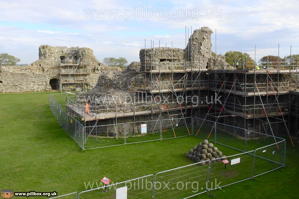 I doubt anyone has been able to see inside this structure since about 1947, so the scaffolding presented a golden opportunity. The door is sealed, but I held my camera at arm's length in both embrasures. What I saw unlocks Pevensey Castle's hitherto unknown SWW history. 8/16