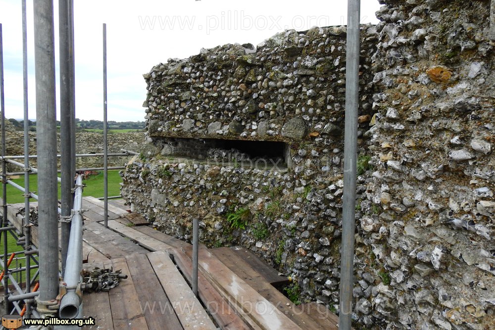 I doubt anyone has been able to see inside this structure since about 1947, so the scaffolding presented a golden opportunity. The door is sealed, but I held my camera at arm's length in both embrasures. What I saw unlocks Pevensey Castle's hitherto unknown SWW history. 8/16