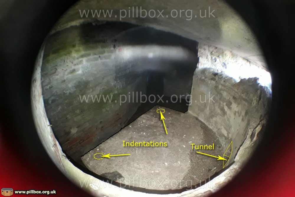Looking through the SW embrasure, the camera picked up the presence of a concrete table for a Vickers machine gun (MMG); the only known weapon-specific mounting at Pevensey Castle so far. The indents and tunnel are features seen in MMG pillboxes at Rye & Cuckmere Haven. 9/16