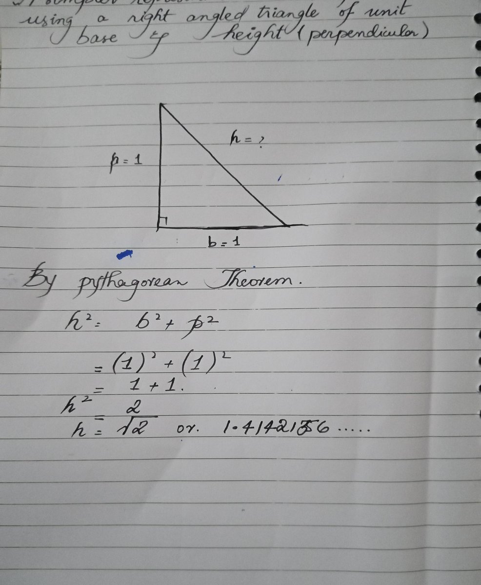 You see, if a right angled triangle is created using a unit length for base and perpendicular, a most peculiar thing happens......As observed in my (hopefully legible) writing,
