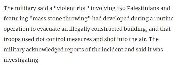 Israeli army spokesperson's version of events?"A violent incident in which violence was directed at Israeli forces by a number of Palestinians"."150" Palestinians in "mass stone-throwing".Did they know there was a video? Maybe, maybe not - but they do know it won't matter.