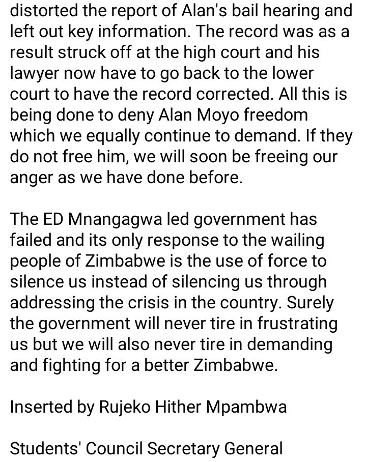 CCCStudentsZW's tweet photo. We've nicely and peacefully asked for Alan Moyo's freedom for 25 days but the government has given us a deaf ear.

It's time to move to the next stage!
#FreeAlanMoyo
#FreeAlanNow https://t.co/iOSGbmxsjC