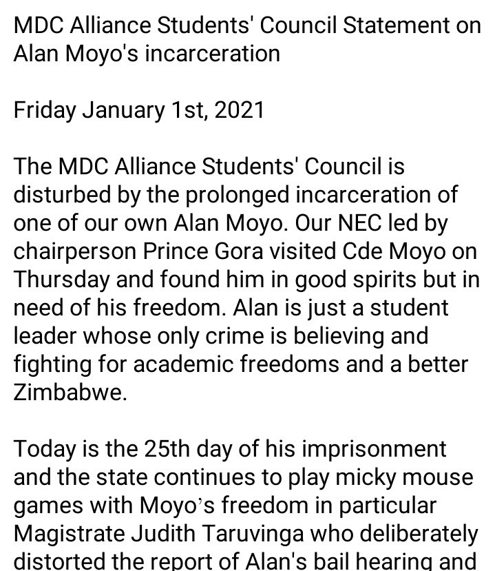 CCCStudentsZW's tweet photo. We've nicely and peacefully asked for Alan Moyo's freedom for 25 days but the government has given us a deaf ear.

It's time to move to the next stage!
#FreeAlanMoyo
#FreeAlanNow https://t.co/iOSGbmxsjC