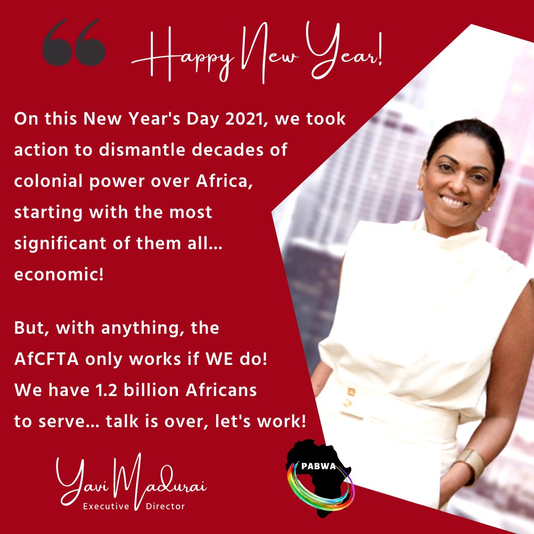 "Happy New Year!
Today the SG of <a href="/AfCFTA/">AfCFTA Secretariat Official</a> proclaimed Africa a free trade area, uniting 1.2billion Africans to dismantle the colonialism usurping our economic power for decades.

Severe challenges ahead, but the <a href="/AfCFTA/">AfCFTA Secretariat Official</a> gives us an opportunity for African prosperity!" <a href="/YaviMadurai/">YAVI🌍Africa's 50 most influential women🌍MsAfCFTA</a>