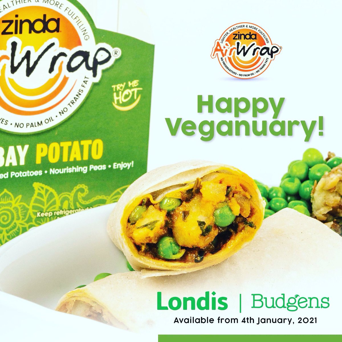 ZindaFoodsUK's tweet photo. Introducing…THE BOMBAY POTATO AIRWRAP :P
Natural is the look, feel & taste for 2021!
Available in Londis and Budgens stores near you from the 4th of January…
#degimirch #haldi #curryleaves #nopreservatives #nopalmoil #notransfats #flavourexplosion
#vegan #wrap https://t.co/BarYq9rkQ6