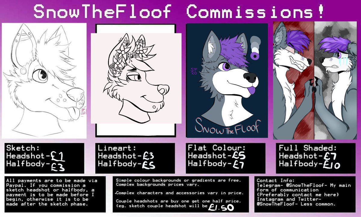 SnowTheFloof's tweet photo. Price sheet has been edited to make it more affordable during quarantine times. All commissions go towards helping me get out of this homeless hostel and into my own place. It also goes towards food. Anything helps.  Dm me for commission enquiries on telegram @snowthefloof https://t.co/geLj19bKIP