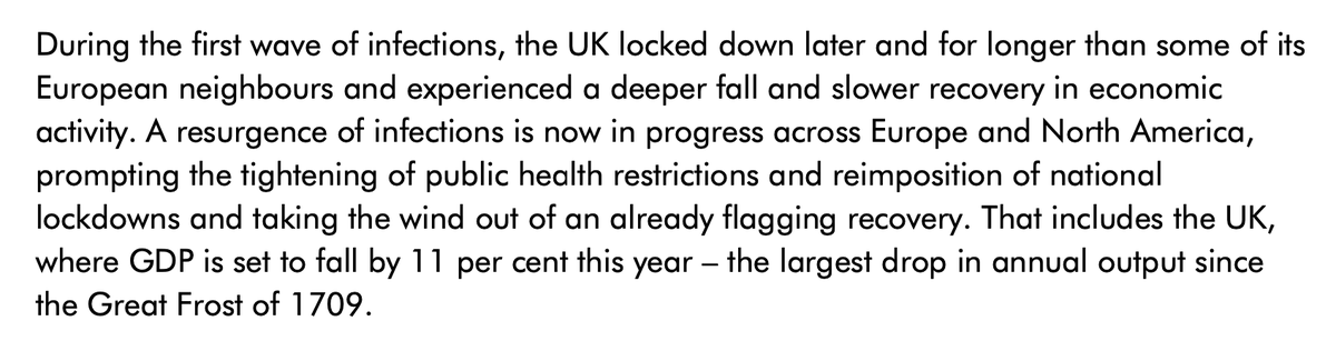 Before we get onto the small print let's deal with what the numbers are telling us. And there's no doubt they're bad. Very bad. Indeed, the  @OBR_UK reckons we're facing the biggest slump in GDP since 1709. Down 11% this year alone.