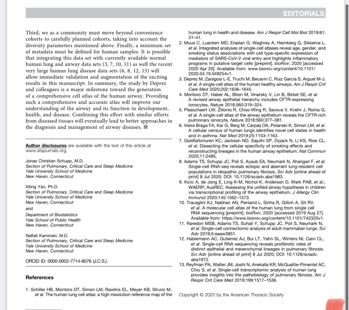 Our Editorial “Towards a Cell Atlas of the Human Airway” is finally in print - <a href="/jonas_schupp/">Jonas Schupp</a>, <a href="/XitingY/">Xiting Yan</a> &amp; I, discuss <a href="/pbarbry/">Pascal Barbry</a>’s important  #AirwayCellAtlas paper (atsjournals.org/doi/10.1164/rc…) and provide thoughts about the future  of lung single cell atlases atsjournals.org/doi/full/10.11…