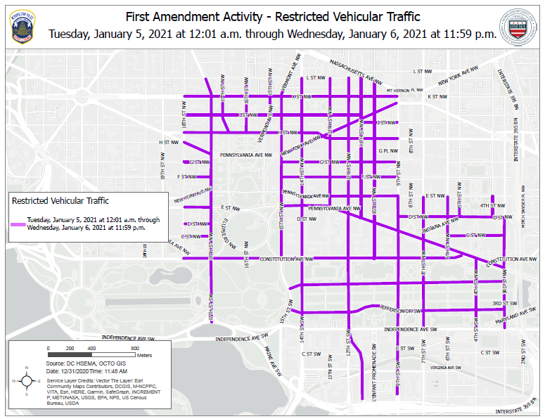 DCPoliceDept's tweet photo. TRAFFIC ADVISORY: First Amendment Activity

From Jan 5th to Jan 7th, 2021, First Amendment demonstrations are scheduled to occur in DC. There will be parking restrictions &amp; potential street closures that motorists should take into consideration.

Release: https://t.co/Pdk5PKLmTf https://t.co/rSZpxRiAqU
