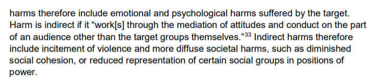 Within a few paragraphs, the harms of free speech have gone all the way to potentially including 'reduced representation of certain social groups in positions of power'.