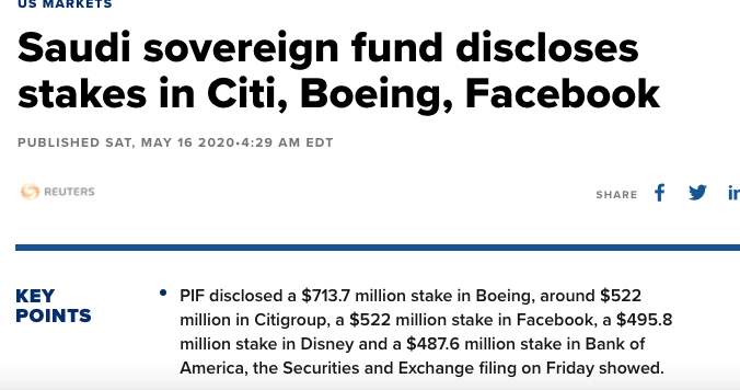 The Saudi Public Investment Fund controlled by MBS has been an active investor! Just this year they disclosed making investments worth hundreds of millions of dollars in two other clients listed by Blinken - Facebook and Boeing(tbf, a fraction of Boeing's business with Saudi)