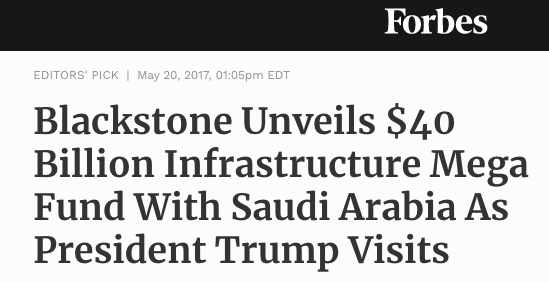 One of the splashiest deals was endorsed by none other than President Trump! As part of Trump's 2017 trip to Saudi Arabia, MBS's public investment fund announced a massive $20 billion Infusion into a infrastructure fund run by none other than WestExec Client Blackstone