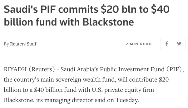 One of the splashiest deals was endorsed by none other than President Trump! As part of Trump's 2017 trip to Saudi Arabia, MBS's public investment fund announced a massive $20 billion Infusion into a infrastructure fund run by none other than WestExec Client Blackstone