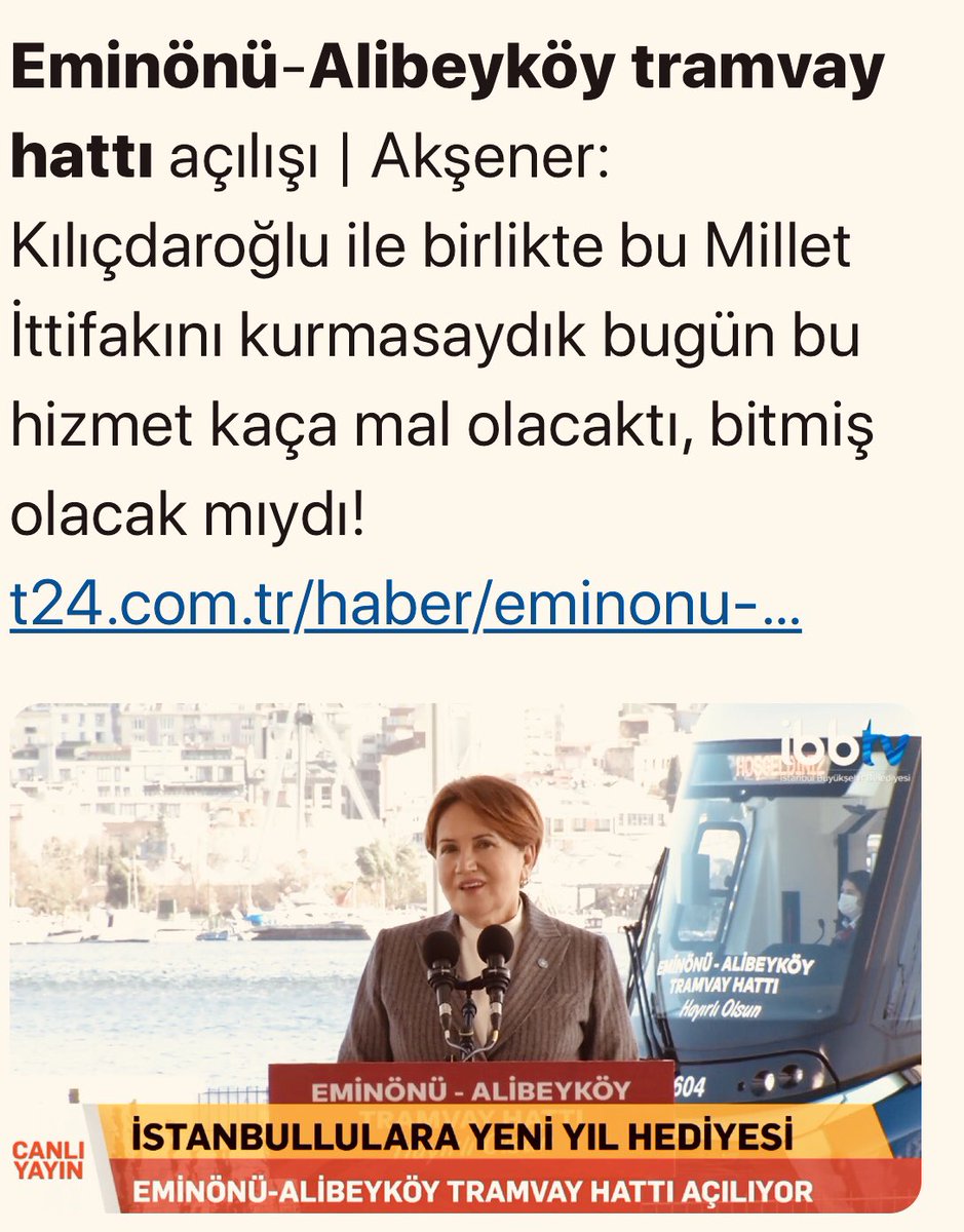 Kılıçdaroğlu/Akşener 19Mart 2019’da tamamlanarak test sürüşü yapılan Eminönü-Alibeyköy tramvay hattının açılışında “milletittifakı olmasaydı bu hizmet bitmezdi” diyerek kendi başarıları gibi sunmaya çalışıyorlar.2yıl önce biten yatırımın açılışını bile 2yılda ancak yapabiliyorlar